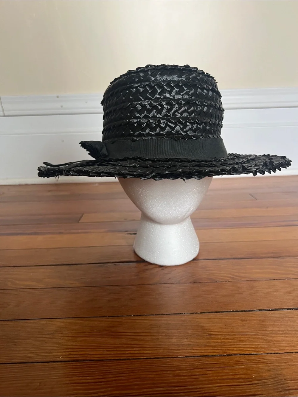Vintage Black Straw Wide Brim Sun Hat Ribbon Bow Boater Cloche Size 22 Retro